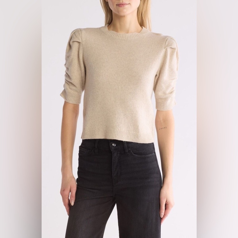 NWT $428 Frame Ruched Sleeve Cashmere Sweater in Oatmeal Heather